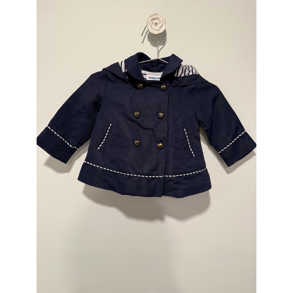 Mayoral Navy Blue Nautical Coat Jacket Striped Hood 6M 68cm Preppy Luxury